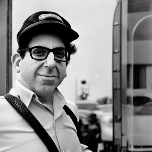 Prompt: a picture of kevin mitnick dressed as a paper boy from the 6 0 s, canon, black and white, high resolution