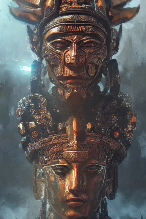 Image similar to aztec god, close - up portrait, powerfull, intricate, elegant, volumetric lighting, scenery, digital painting, highly detailed, artstation, sharp focus, illustration, concept art, ruan jia, steve mccurry