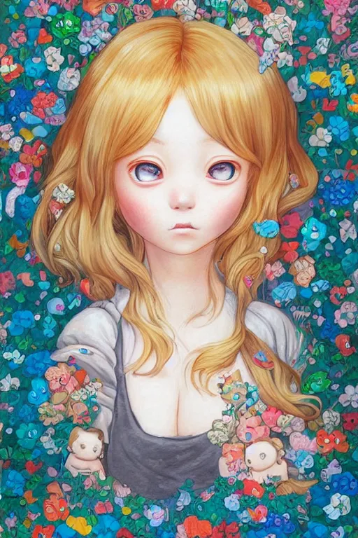 Image similar to portrait of a young cute beautiful girl with blond hair and big dark eyes artwork by Hikari Shimoda, Studio Ghibli, Chie Yoshii, artstation
