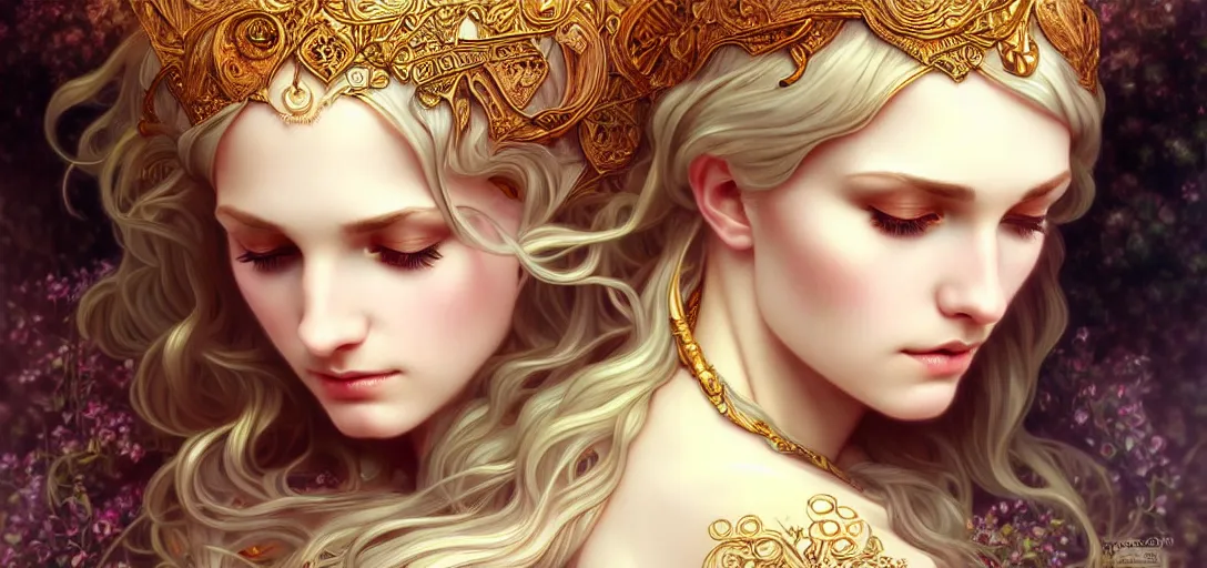 Image similar to beautiful nordic goddess, beautiful detailed eyes, cute, fantasy, intricate, elegant, highly detailed, digital painting, 4 k, hdr, concept art, detailed jewelry, smooth, sharp focus, illustration, art by artgerm, da vinci and alphonse mucha