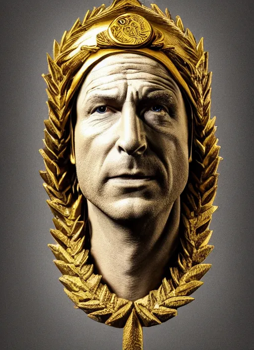 Image similar to portrait of bob odenkirk in cement, with a gold laurel wreath on head, dramatic rendering, fantasy, medieval wear, intricate, elegant, highly detailed, artstation, concept art, smooth, sharp focus, sculpture!!