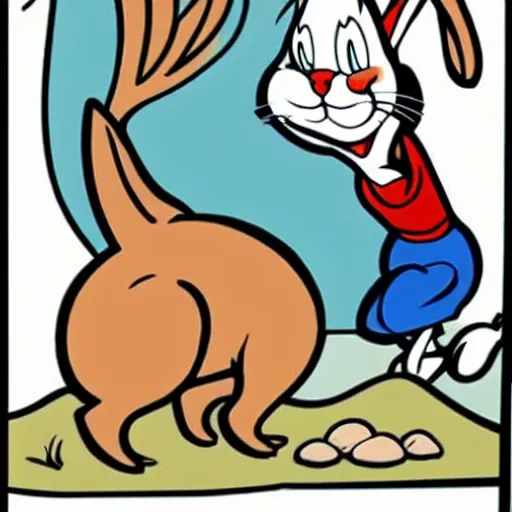 Image similar to bugs bunny being eaten by a mountain lion, animated, old cartoon style