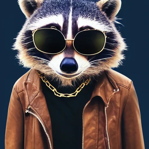 Prompt: raccoon with shades and a gold chain wearing a leather jacket