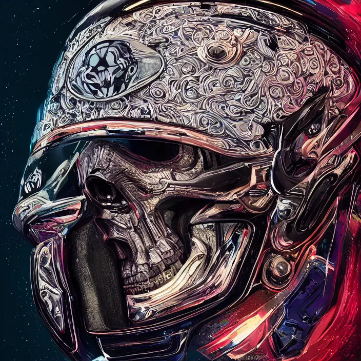 Prompt: portrait of a skull in a racing helmet. intricate abstract. intricate artwork. by Tooth Wu, wlop, beeple, dan mumford. octane render, trending on artstation, greg rutkowski very coherent symmetrical artwork. cinematic, hyper realism, high detail, octane render, 8k, iridescent accents