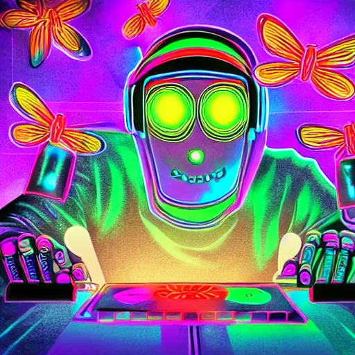 Image similar to A hd paint of a robot Dj playing his mixer in a rave with a lot of dragonflies around him. Epic art, masterpiece, neon dragonfly, lights