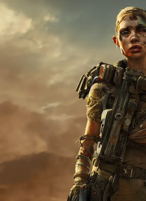 Image similar to A comic book style portrait painting of a stunning female SWAT post apocalyptic punk warrior in a wartorn landscape, unreal 5, DAZ, hyperrealistic, octane render, RPG portrait, ambient light, dynamic lighting