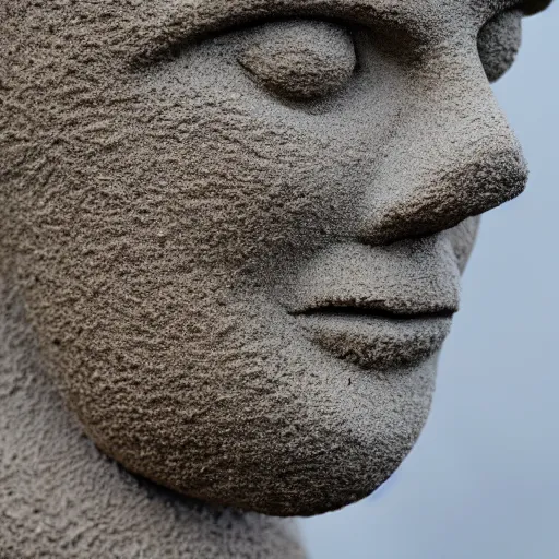 Prompt: a hand holding a face made of sand, color photo, 8 5 mm high depth of field, warm color palette