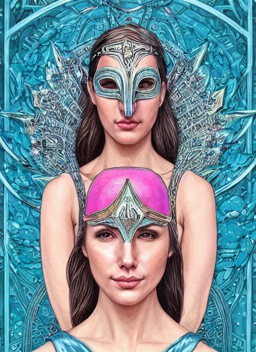 Image similar to “ gal gadot as adorable woman wear beautiful intricate mask, pastel color, iridescent, highly detailed, tarot card featured on artstation, cgsociety, artgerm, clear symmetrical face, by moebius, kelly mckernan, skeeva and tom bagshaw, 8 k, intricate details, fantasy, character design, concept art ”