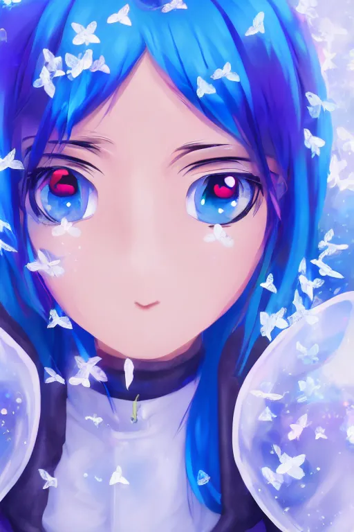 Prompt: anime teen girl with blue hair wearing blue school uniform with crystal butterfly wings, ice particles, moody, wlop, concept art, digital painting, trending on artstation, highly detailed, epic composition, 8 k uhd