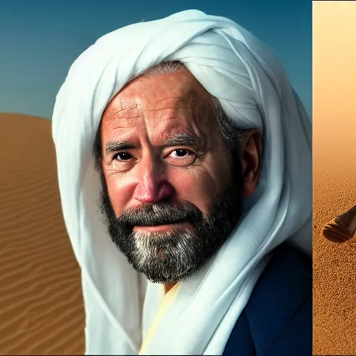 Prompt: 4 k portrait sony a 7 f 2. 8 wide angle of president joe biden as a taliban leader with a beard getting freaky in kuwait with sand storm desert lighting