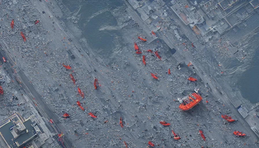 Image similar to wide view of lifeboats crossing washington dc streets after humongous tsunami, damaged burning buildings, hyperdetailed, artstation, cgsociety, 8 k