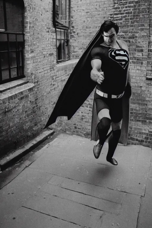 Image similar to 35mm photo of a drunk superman in a London alley