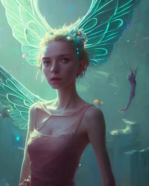 Prompt: highly detailed surreal vfx portrait of a postcyberpunk fairy, stephen bliss, unreal engine, greg rutkowski, loish, rhads, beeple, makoto shinkai and lois van baarle, ilya kuvshinov, rossdraws, tom bagshaw, alphonse mucha, global illumination, detailed and intricate environment