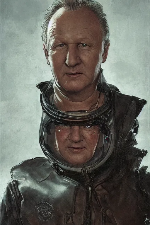 Image similar to upper body portrait of stellan skarsgård as evil, dark baron harkonnen, covered in oil, wearing old leather spacesuit, dystopian science fiction, illustration by norman rockwell, artstation character art, john william waterhouse, concept art, greg rutkowski