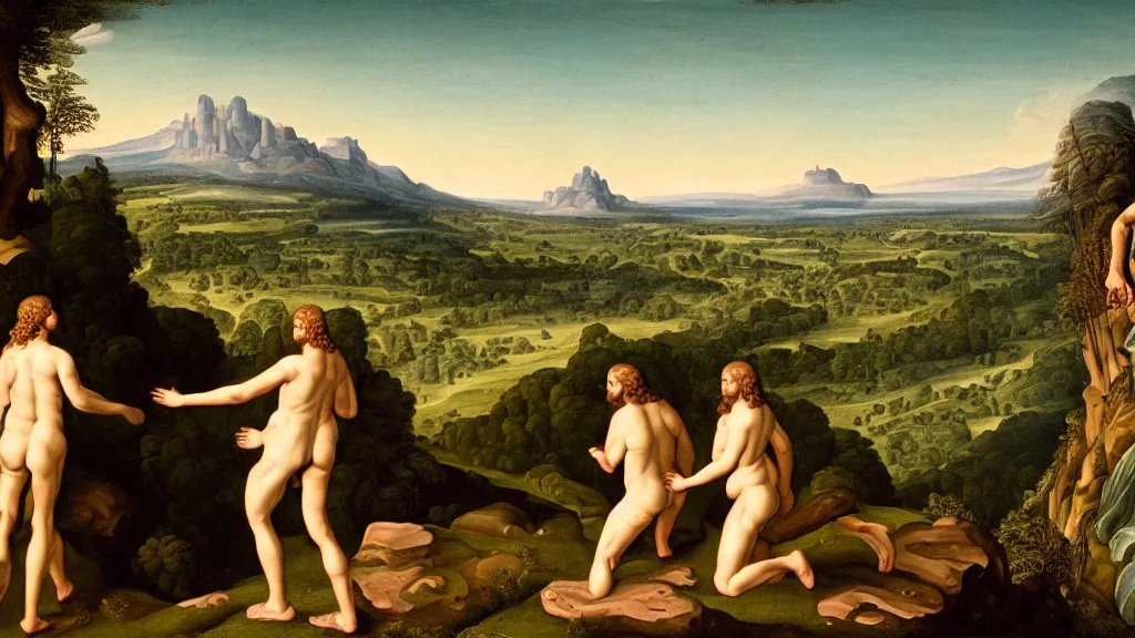 Image similar to Adam and eve going up the mountain, high detail, 8k, ornate, realistic, masterpiece, complex, wide angle, from a film Jodorowskys