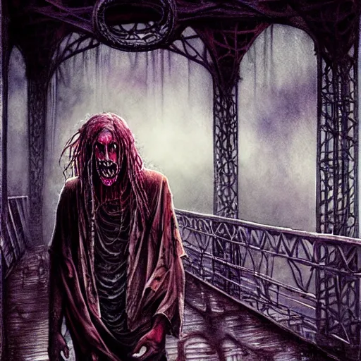 Prompt: disturbing grunge still of a lovecraftian demon infested guy on a bridge, watercolor horror spiritual dmt art in dark and muted colors, by arthur adams, by tom bagshaw, by henry asencio, by kikuchi hideyuki