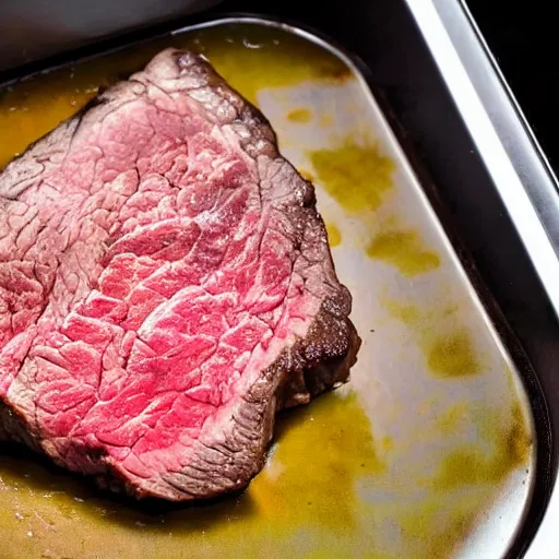 Image similar to Steak being cooking in a microwave, viewed through the closed microwave window, cursed