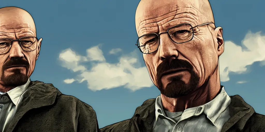 Prompt: Walter White from Breaking Bad in GTA V, Cover Art by Stephen Bliss, Boxart, Loading Screen. 8k Resolution
