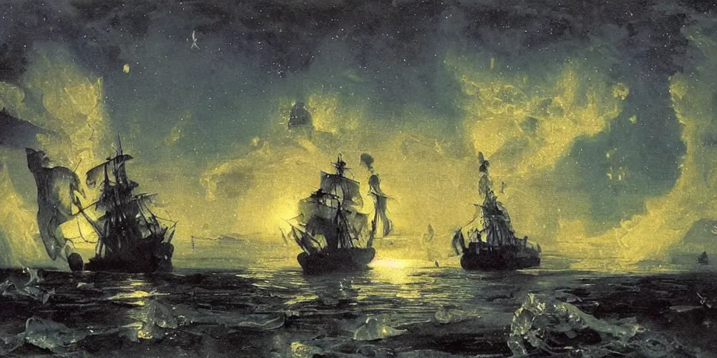 Prompt: Baroque Painting of a Pirate ship stuck in ice on cold sea by Ilya Repin. star lit sky, ultra realistic. Northern lights, Cinematic composition