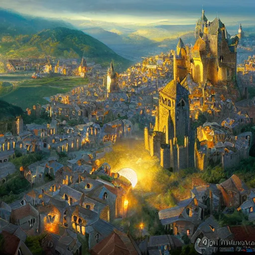 Prompt: aerial view of a hilly medieval town situated below an orb of light hanging in the sky. ornate pillar in foreground. bright orb, by alan lee by peter mohrbacher, trending on artstation sharp focus vfx key shot