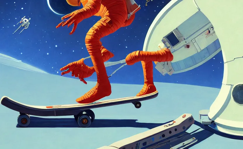 Image similar to an astronaut skate boarding in space, very coherent, painted by Edward Hopper, Wayne Barlowe, painted by James Gilleard, airbrush, art by JamesJean