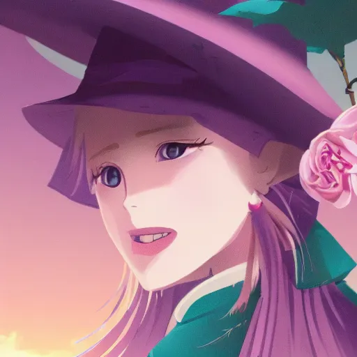 Image similar to A young adult witch with a cottage-core aesthetic with rose-colored hair and teal clothing, Nobutaka Ike, animated film still, character design, fantasy, 8k resolution