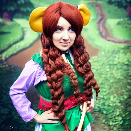 Prompt: woman with long curly read hair in villager cosplay from animal crossing. beautiful. relaxed. realistic photo. cosplay photoshoot. high detail. convention photo.
