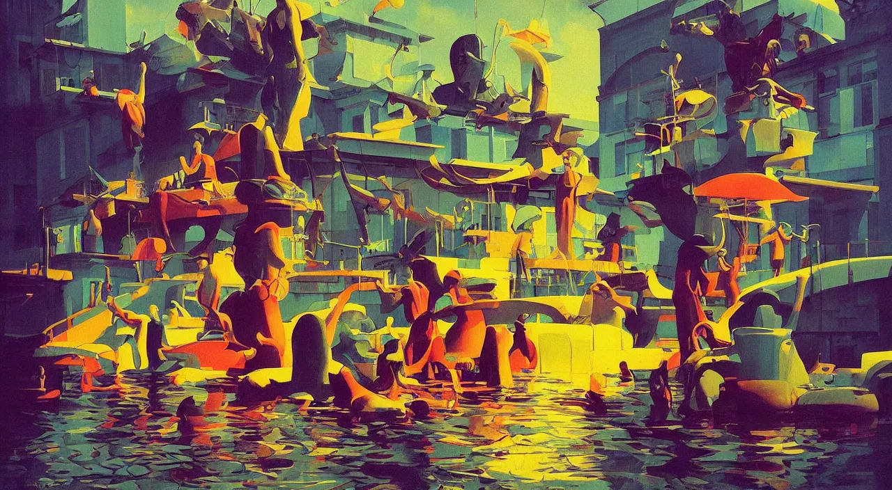 Prompt: flooded colorful surreal statue, very coherent high contrast!! painting by stalenhag spitzweg magritte syd mead norman rockwell edward hopper james gilleard, dark shadows, sunny day, triadic color scheme, hard lighting, masterpiece