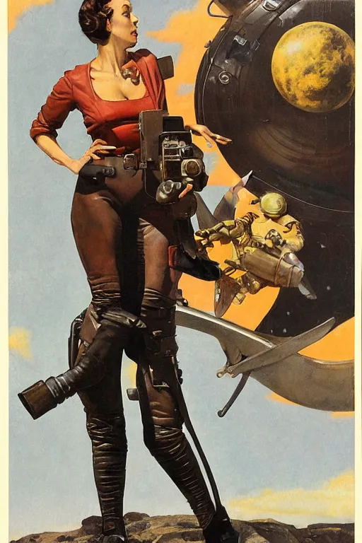 Prompt: 5 0 s pulp scifi fantasy illustration full body portrait slim mature woman in leather spacesuit, aiming shooting dynamic pose, by norman rockwell, roberto ferri, daniel gerhartz, edd cartier, jack kirby, howard v brown, ruan jia, tom lovell, frank r paul, jacob collins, dean cornwell, astounding stories, amazing, fantasy, other worlds