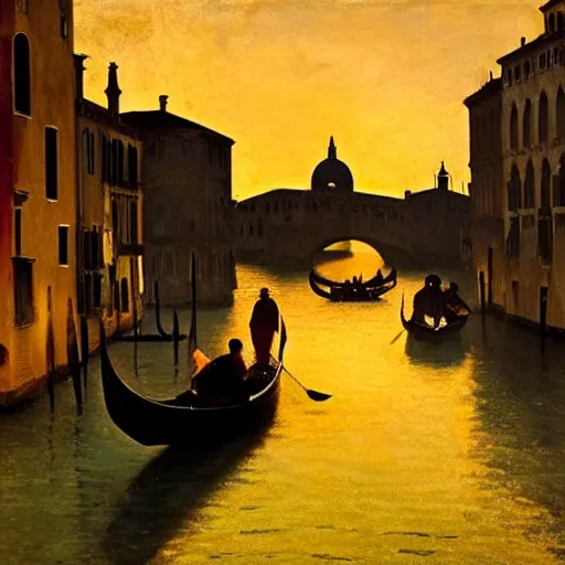 Prompt: A beautiful backlight sunset scene of historic Venice with gondola and reflective water in the style of Johannes Vermeer