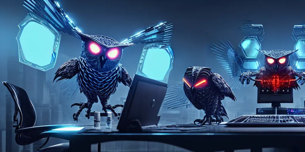 Image similar to an giant evil, malevolent, cyborg owls looking at a computer, surrounded by computer screens. this 4 k hd image is trending on artstation, featured on behance, well - rendered, extra crisp, features intricate detail and the style of unreal engine. volumetric lighting octane render