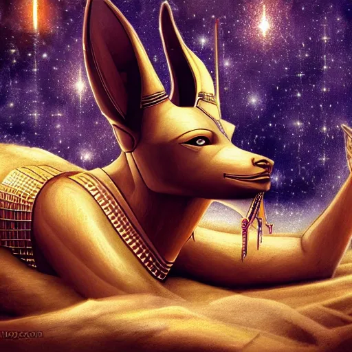 Image similar to anubis, egyptian art, lying in bed, sparkles all around, fantasy digital art, wow, stunning, hight quality