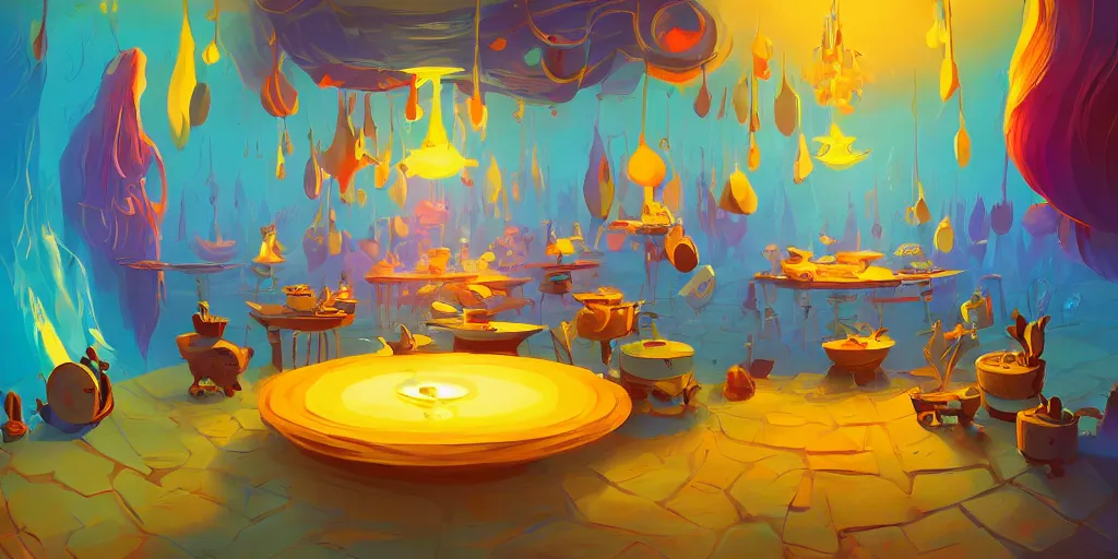 Prompt: weird perspective epic illustration of a kitchen dim lit by 1 candle in a scenic spiral environment by anton fadeev from lorax movie