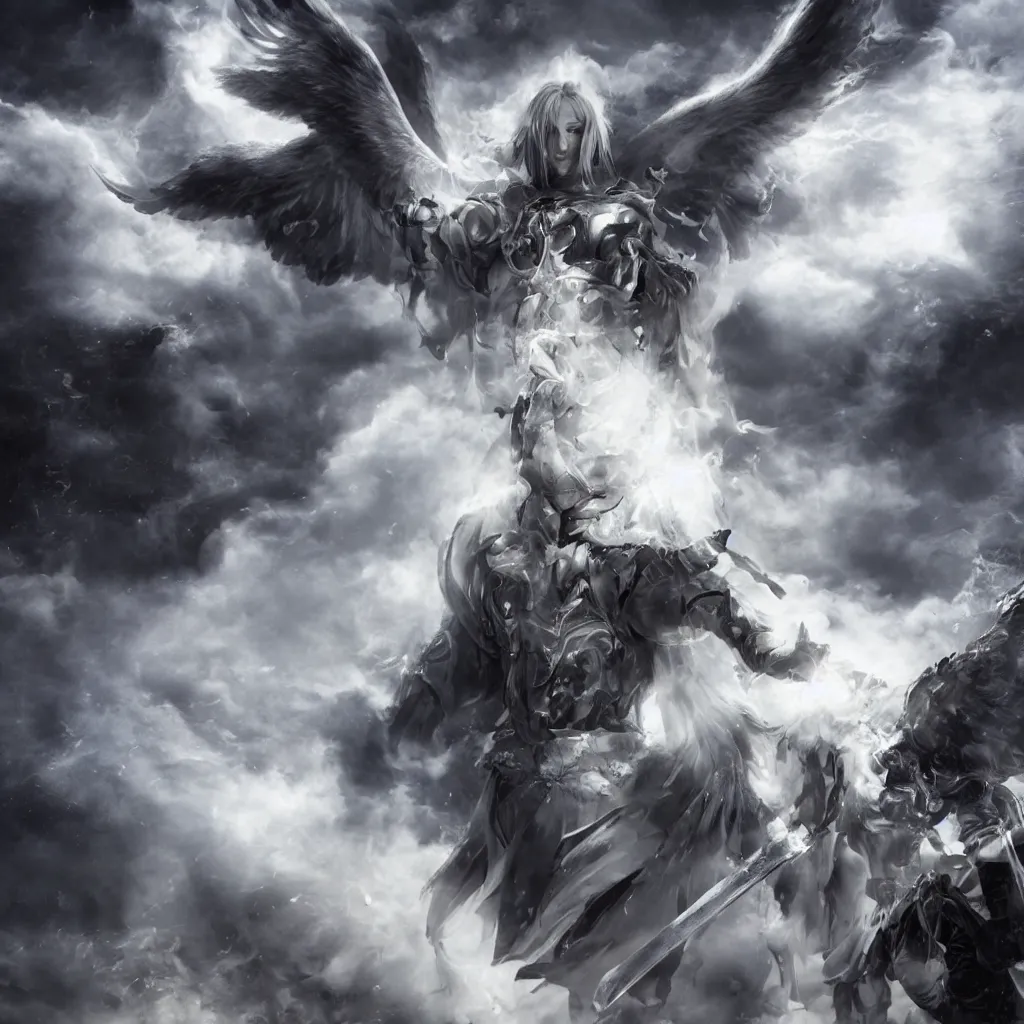 Image similar to a powerful menacing angel in focus with huge white wings, white hair, pale skin, knighted armor and sword levitating and surrounded by a cloud of black smoke. ultra - realistic, 8 k, detailed.