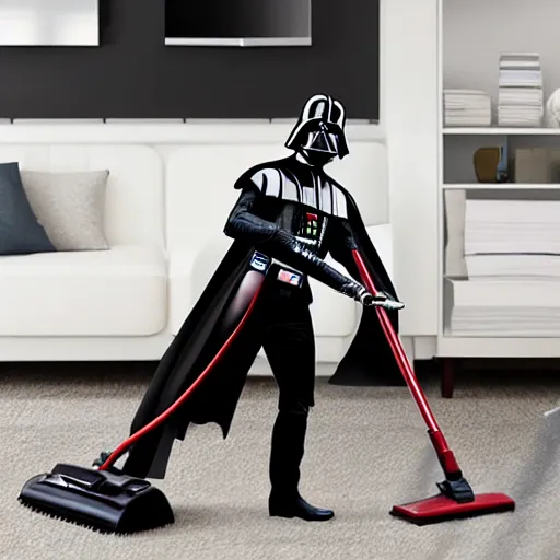 Image similar to Darth Vader vacuuming the house, photo realistic, award-winning, highly-detailed