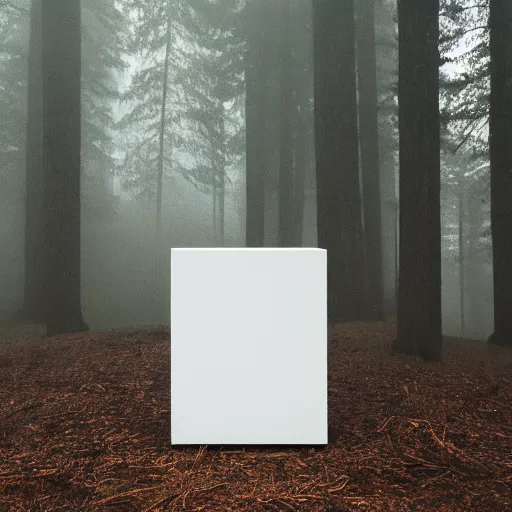 Prompt: photograph of a white concrete cube sitting in the middle of a forest clearing, foggy, liminal