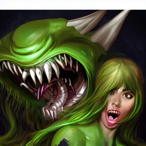 Image similar to sona movsesian being licked menacingly by an xenomorph, highly detailed, photorealistic, slime, saliva, artstation, smooth