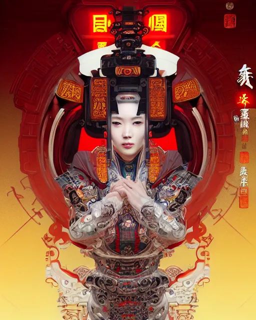 Image similar to portrait of a chinese cyberpunk machine, machine face, robed, upper half portrait, decorated with chinese opera motifs regal royal fierce machine robot cyberpunk fine china, wuxia, traditional chinese art intricate intense elegant highly detailed digital painting artstation concept art smooth sharp focus illustration, art by artgerm and greg rutkowski alphonse mucha 8 k