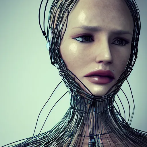 Prompt: hyper realistic woman figure dressed in futuristic dress, with a weird head piece on her head, made of wires, made of feathers, masterpiece, trending on artstation, photograph