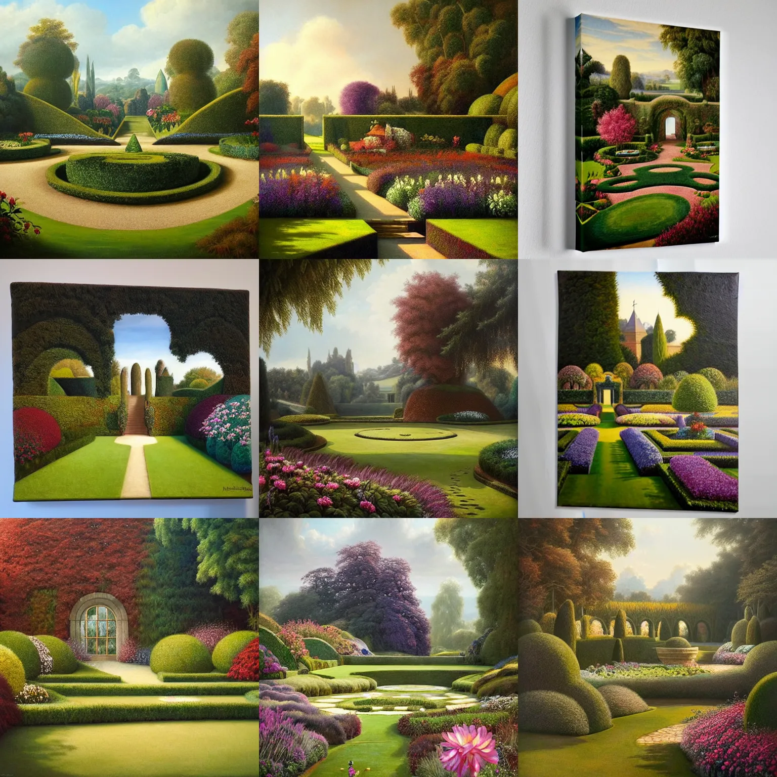 Prompt: a gorgeous, fantastic, magic garden landscape by michael kidd, lancelot capability brown, trending on artstation, artgerm, acrylic on canvas, muted colors, darker,!! low contrast!!, chillwave