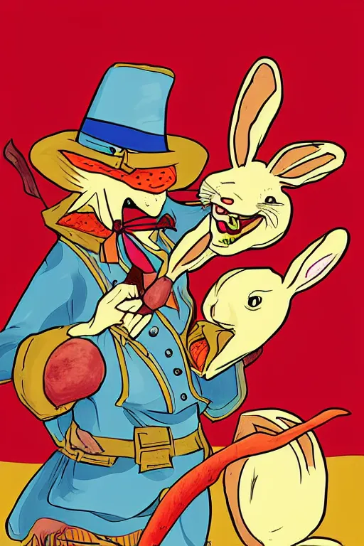 Prompt: red magician killing rabbit, art by tafy laplanche, colored by food colorhunt