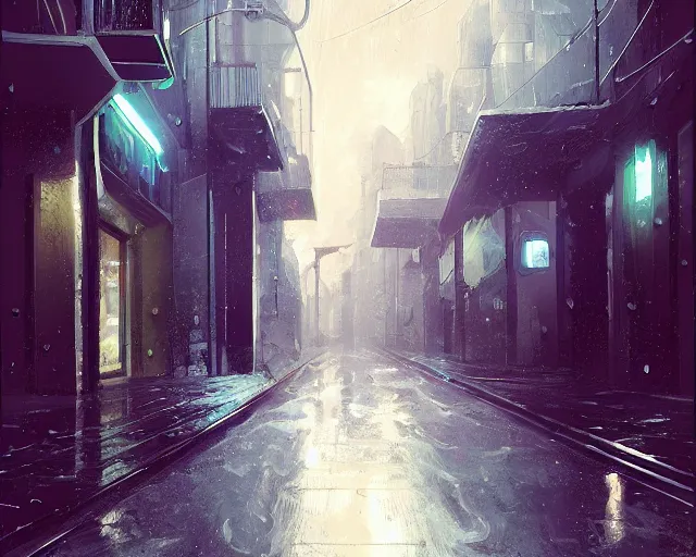 Prompt: a street in a spaceship artstation under rain