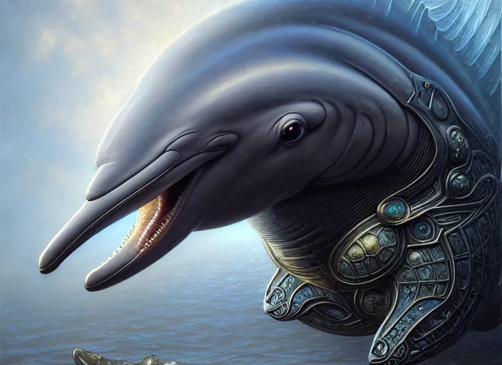 Prompt: wideangle!! portrait shot of a dolphin wearing mideval armor, intricate, elegant, highly detailed, centered, digital painting, artstation, concept art, smooth, sharp focus, illustration, artgerm, tomasz alen kopera, peter mohrbacher, donato giancola, joseph christian leyendecker, wlop, boris vallejo