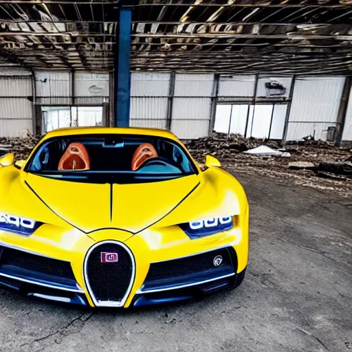 Image similar to an abandoned, derelict, rusty bugatti chiron in a dirty warehouse