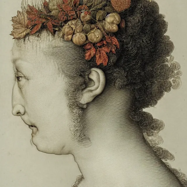 Prompt: a beautiful profile portrait of a beauty, leaves, by giuseppe arcimboldo, photo realistic, realistic materials.