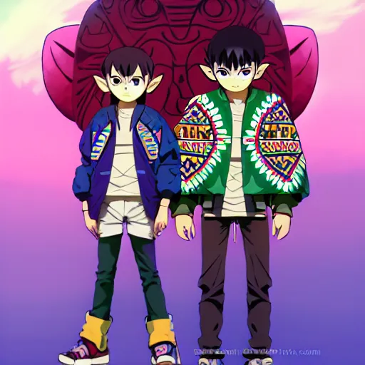 Image similar to majora majora's mask wearing oversized mayan bomber jacket with overalls, bulky poofy bomber jacket with mayan patterns, aztec street fashion, genshin impact art style, gapmoe yandere grimdark, trending on pixiv fanbox, painted by greg rutkowski makoto shinkai takashi takeuchi studio ghibli, akihiko yoshida