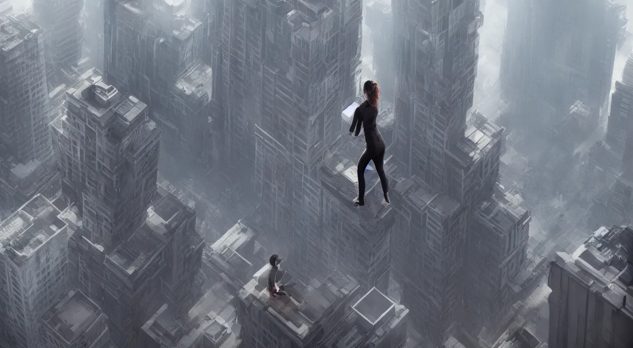 Image similar to a woman standing on top of a tall building, a detailed matte painting by Jeremy Geddes, trending on cgsociety, panfuturism, playstation 5 screenshot, unreal engine, unreal engine 5