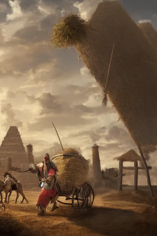 Image similar to ezio audotire plunging into a cart filled with haystack, background has pyramids and dromedaries walking by, digital art, trending on artstation, 4 k