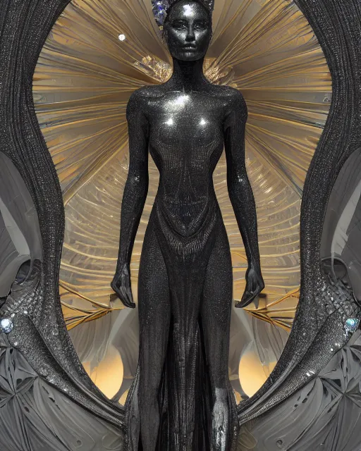 Image similar to a highly detailed metahuman 4 k close up render of an alien goddess bella hadid monument in iris van herpen dress schiaparelli in diamonds crystals swarovski and jewelry iridescent in style of alphonse mucha gustav klimt trending on artstation made in unreal engine 4