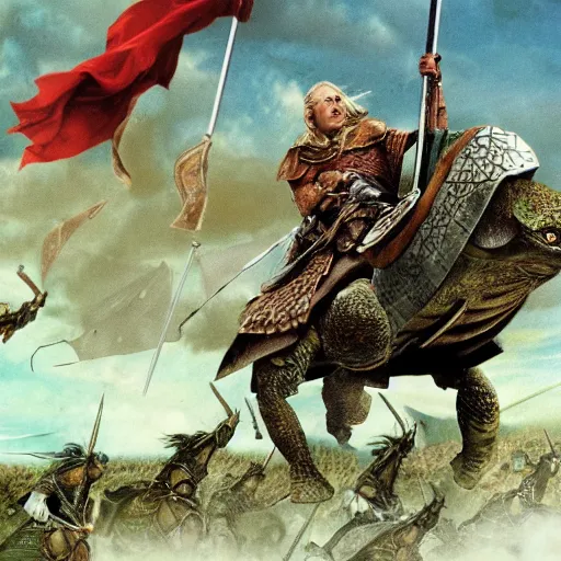 Prompt: the rohirrim riding into battle on giant turtles at minas tirith